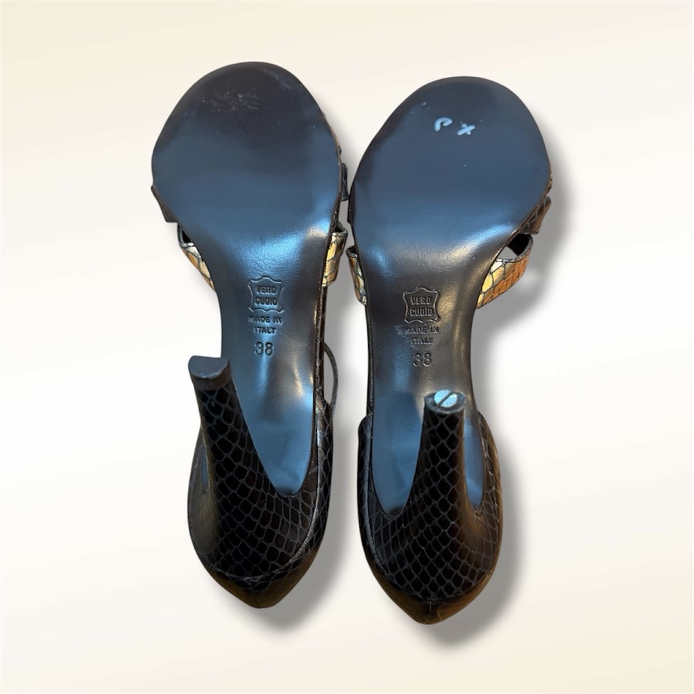 Calvin Klein Brown Textured Leather High Heel Mary Jane with Gold Accent - Picture 5 of 6